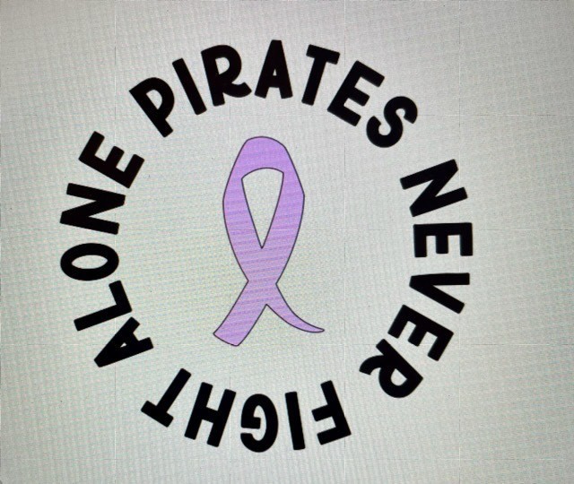 Purple cancer ribbon circled by the words Pirates Never Fight Alone