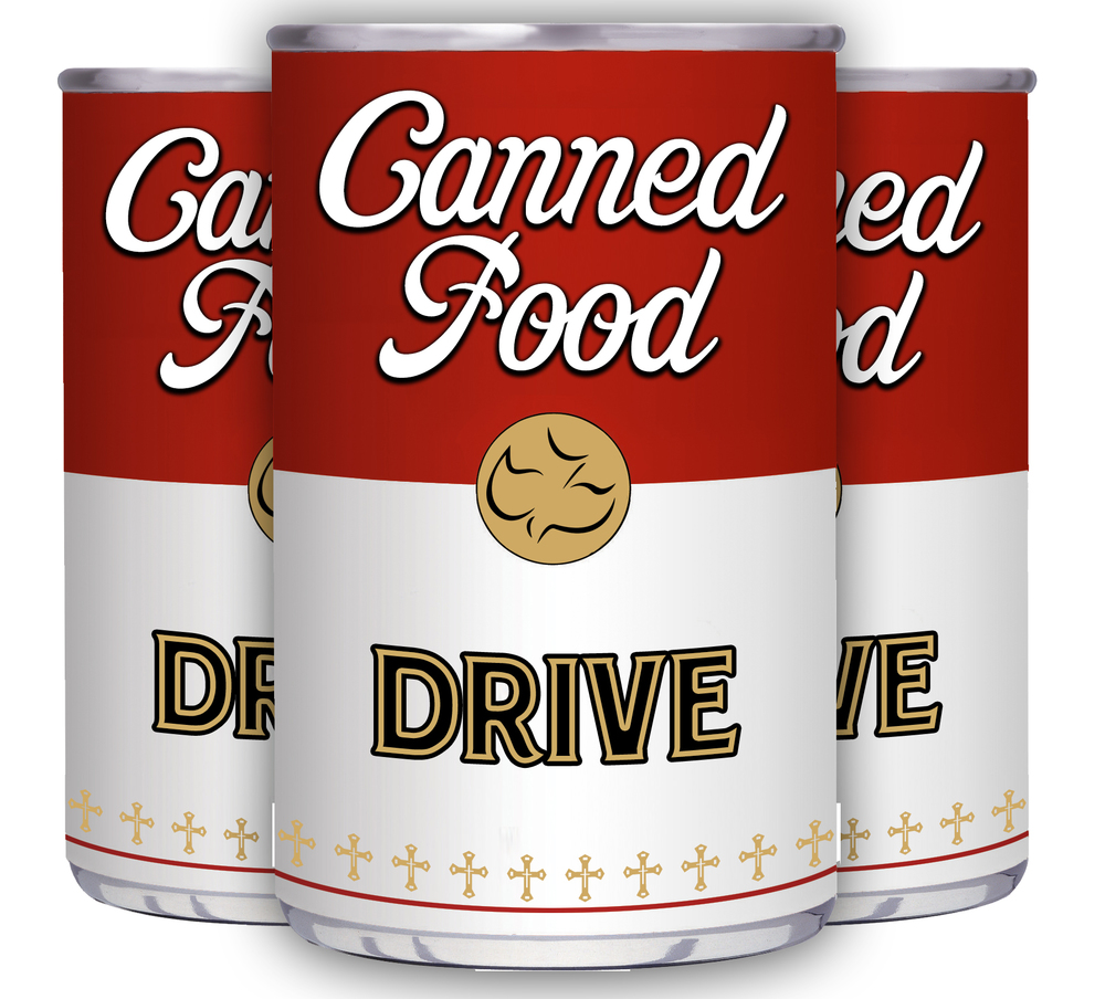 Three cans with the label Canned Food Drive