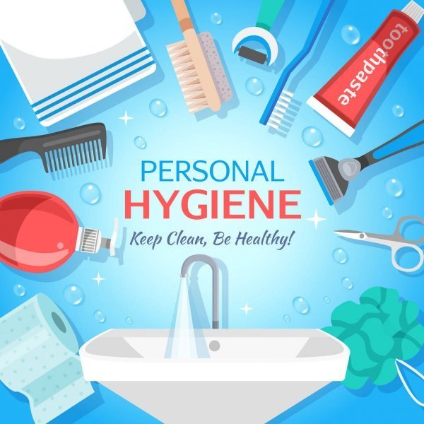 Personal Hygiene Keep Clean, Be Healthy! sink with running water surrounded by comb, toilet paper, scissors, razor, toothpaste, tooth brush, towel, scrubbie