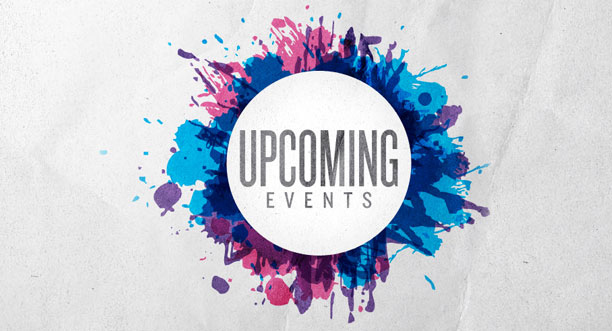 Upcoming Events in a colorful cirlce on a white background